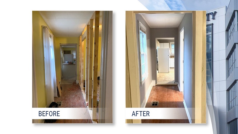 David rental hallway before and after