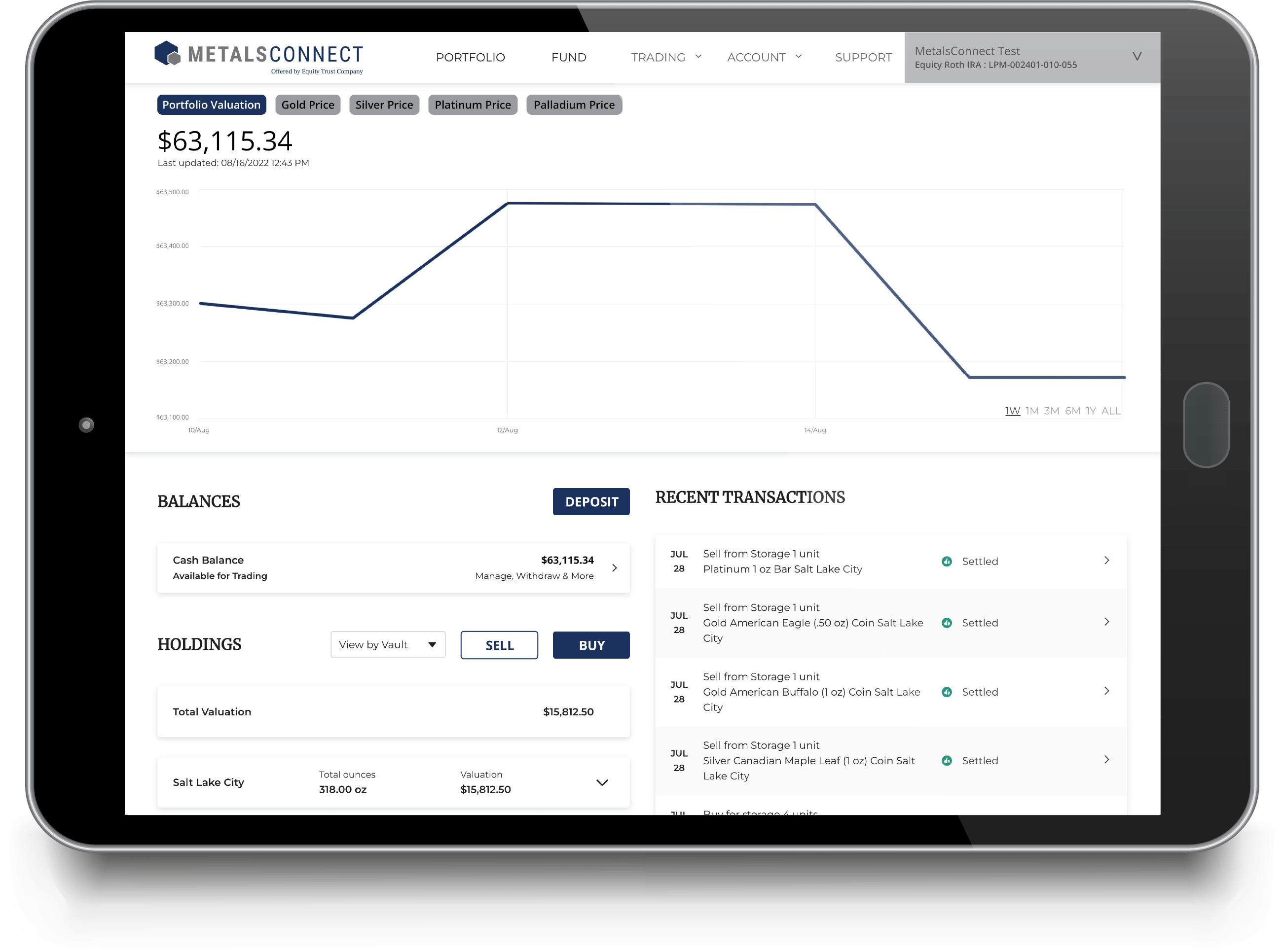 IPad displaying the Metals Connect user dashboard