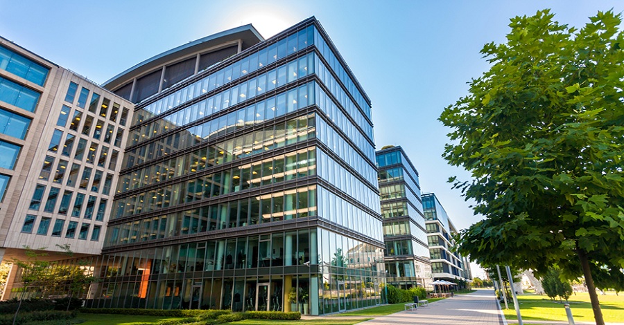 An office building with many windows.