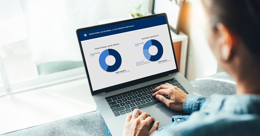 Woman using laptop to view pie chart comparison of the traditional 60/40 model vs the modern portfolio.