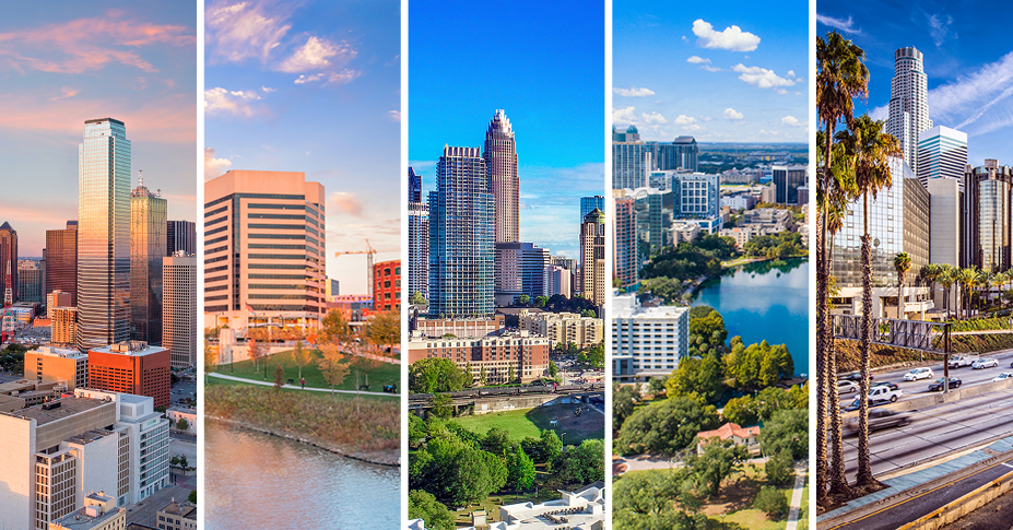 Split image of skylines for 5 different cities