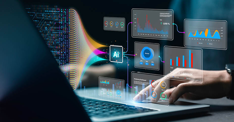 Someone typing at a computer with graphs hovering above.