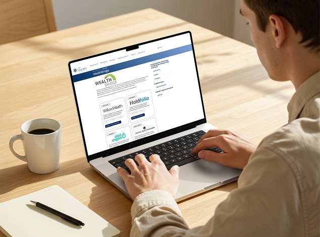 Man using a laptop displaying the WealthBridge portion of the myEQUITY portal