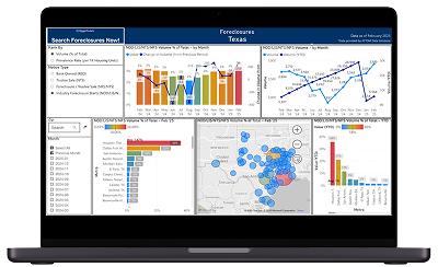 A laptop with a sample foreclosure report displayed